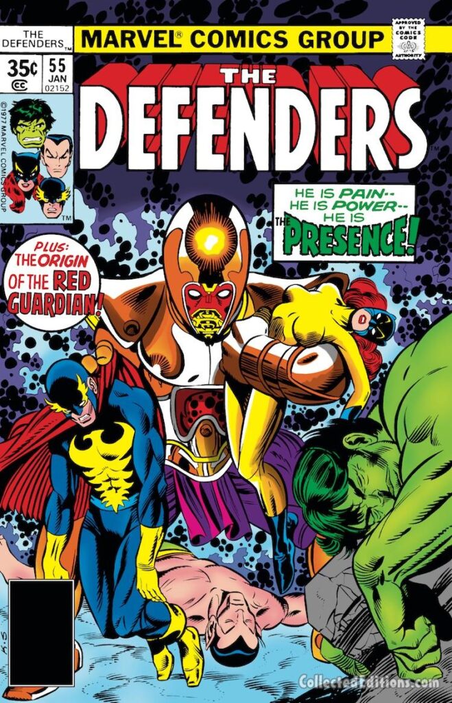 Defenders #55 cover; pencils, Gil Kane; inks, Joe Sinnott; Presence, Sergei, Origin of the Red Guardian, Tania Belinsky, Hulk, Hellcat