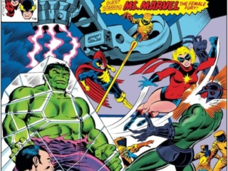 Defenders #57 cover; pencils, Ed Hannigan; inks, Joe Sinnott; Ms. Marvel/Carol Danvers/Captain Marvel, Hulk