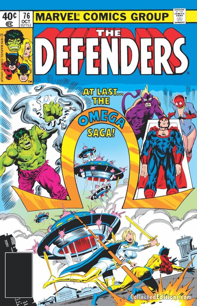 Defenders #76 cover; pencils, Rich Buckler; inks, Al Milgrom; At Last the Omega Saga, Omega the Unknown, James-Michael Starling; Ruby Tuesday; Hulk, Valkyrie, Hellcat