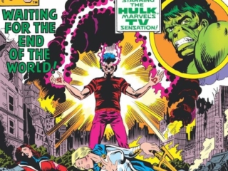 Defenders #77 cover; pencils, Rich Buckler; inks, Al Milgrom; Waiting for the End of the World, Elvis Costello song title reference in comics; James Michael Starling, Incredible Hulk, Hellcat, Moondragon, Omega the Unknown, the Wasp