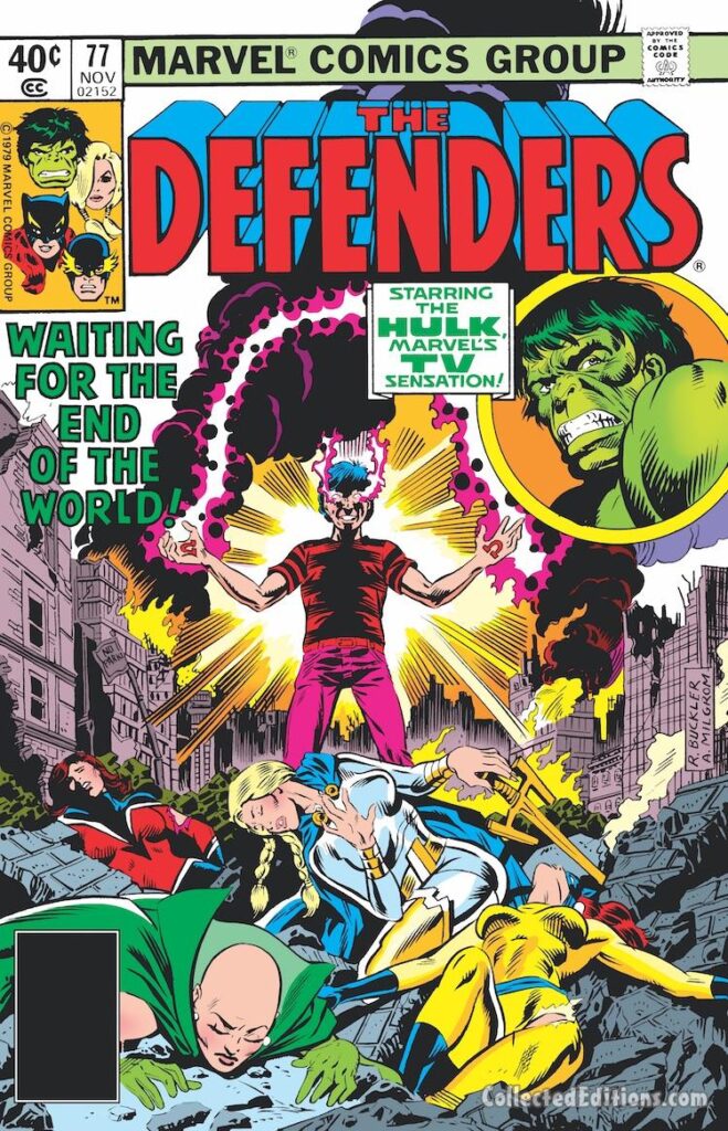 Defenders #77 cover; pencils, Rich Buckler; inks, Al Milgrom; Waiting for the End of the World, Elvis Costello song title reference in comics; James Michael Starling, Incredible Hulk, Hellcat, Moondragon, Omega the Unknown, the Wasp