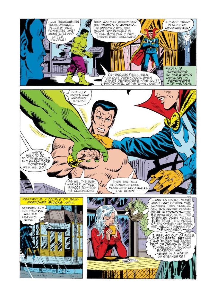 Defenders #78, pg. 4; layouts, Herb Trimpe; pencils and inks, Mike Esposito; Doctor Strange, Incredible Hulk, Namor, the Sub-Mariner, Clea, Tunnelworld