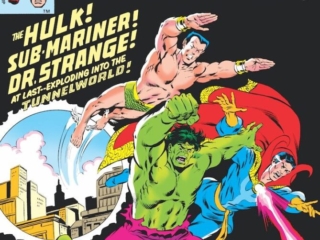 Defenders #78 cover; pencils, Ed Hannigan; inks, Bob McLeod; Original Defenders, Doctor Strange, Incredible Hulk, Sub-Mariner, Namor, Tunnelworld