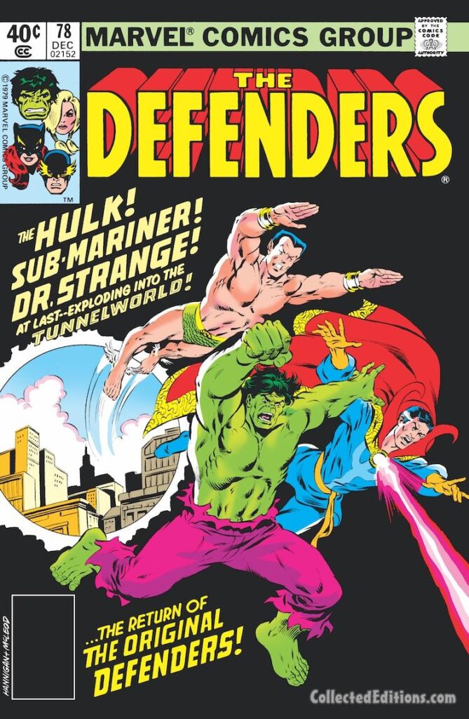 Defenders #78 cover; pencils, Ed Hannigan; inks, Bob McLeod; Original Defenders, Doctor Strange, Incredible Hulk, Sub-Mariner, Namor, Tunnelworld