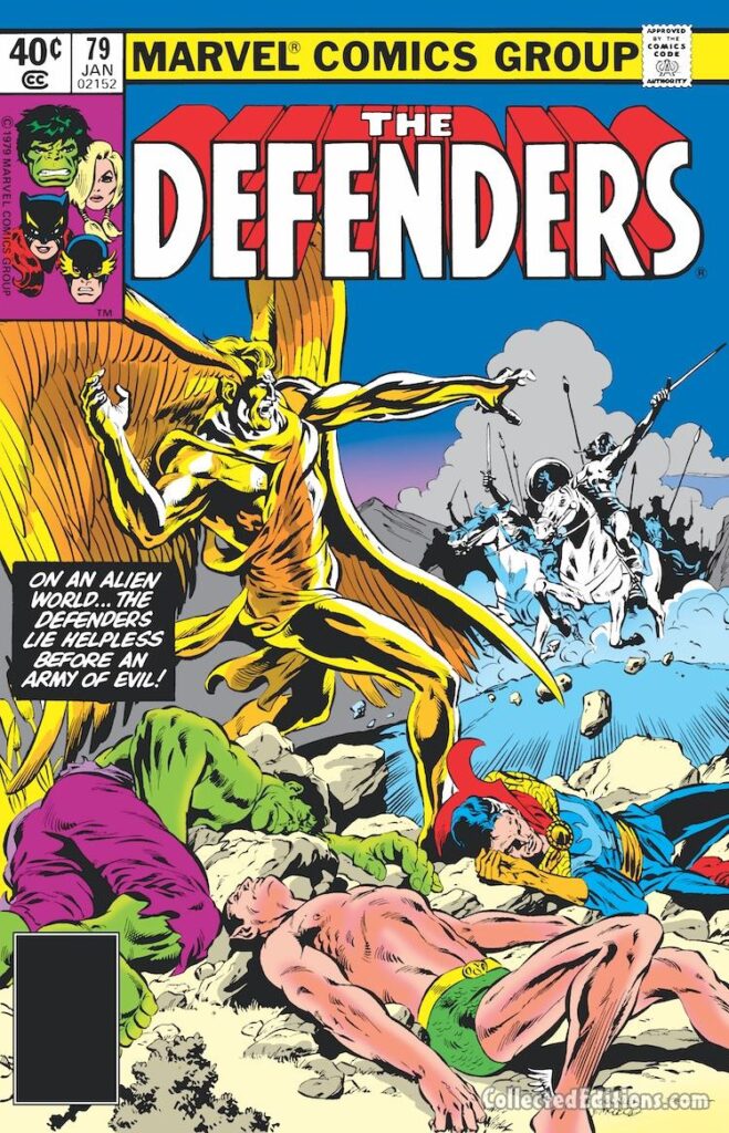 Defenders #79 cover; pencils, Rich Buckler; inks, Bob McLeod; On an alien world, the Defenders lie helpless before an army of evil; Tunnelworld, Doctor Strange, Namor, Hulk, Aerokia