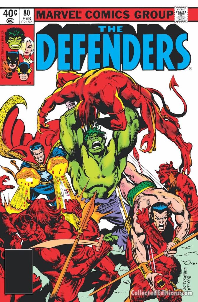 Defenders #80 cover; pencils, Rich Buckler; inks, Joe Rubinstein; Incredible Hulk, Doctor Strange, Namor the Sub-Mariner, Tunnelworld