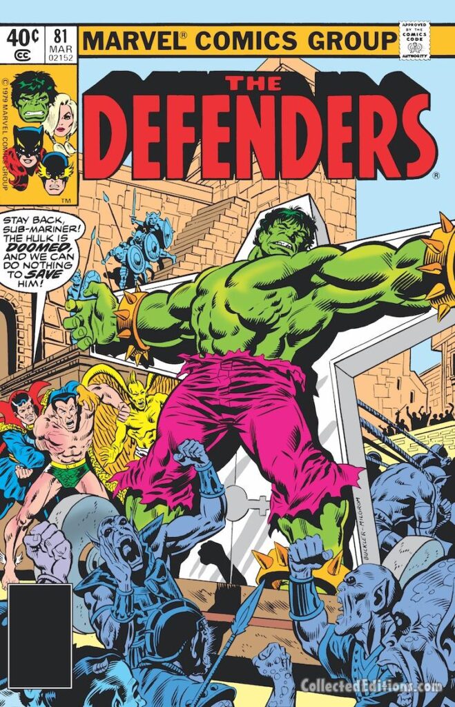 Defenders #81 cover; pencils, Rich Buckler; inks, Al Milgrom; Incredible Hulk, Namor the Sub-Mariner, Doctor Strange