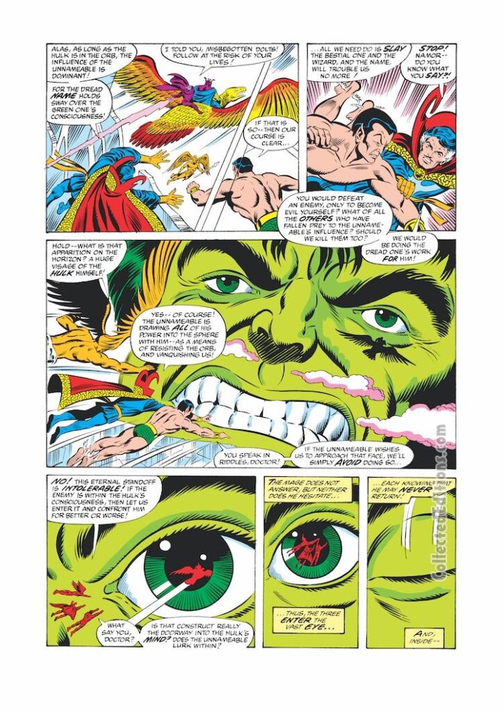 Defenders #83, pg. 10; layouts, Don Perlin; pencils and inks, Joe Sinnott; Tunnelworld, Sub-Mariner, Hulk, Doctor Strange, Unnameable, Aeroika