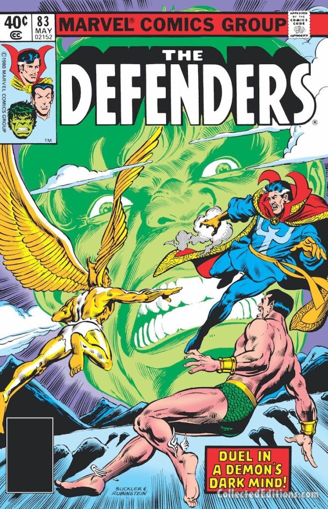 Defenders #83 cover; pencils, Rich Buckler; inks, Joe Rubinstein; Aerokia, Doctor Strange, Hulk, Sub-Mariner