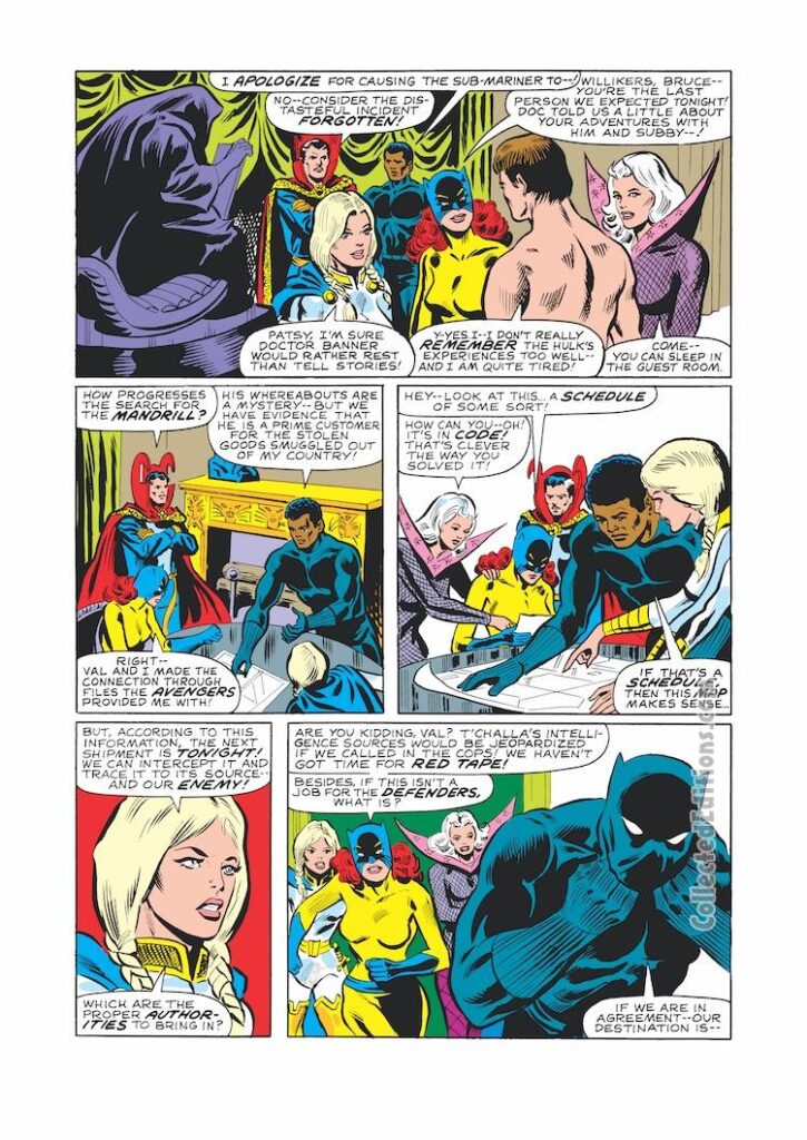 Defenders #85, pg. 9; layouts, Don Perlin; pencils and inks, Jim Mooney; Black Panther, Bruce Banner, Hellcat, Clea, Doctor Strange, Doctor Strange, Valkyrie