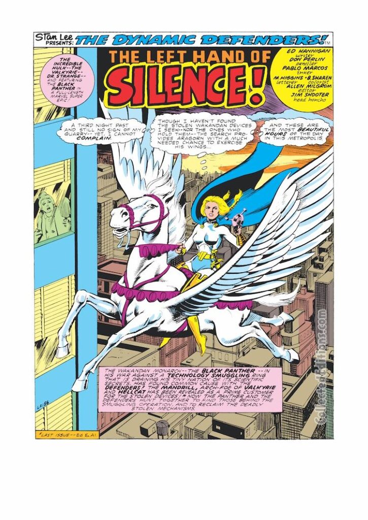 Defenders #86, pg. 1; pencils, Don Perlin; inks, Pablo Marcos; The Left Hand of Silence, splash page, Valkyrie, Aragorn, New York City