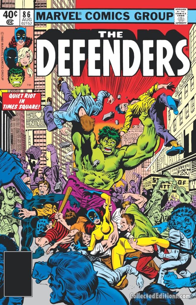 Defenders #86 cover; pencils, Rich Buckler; inks, Al Milgrom; Quiet Riot in Times Square, Hulk, Hellcat