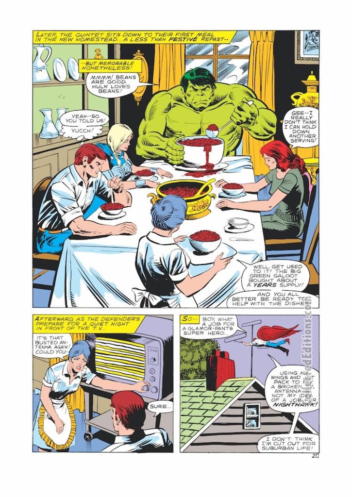 Defenders #89, pg. 20; layouts, Don Perlin; pencils and inks, Pablo Marcos; Patsy Walker, Hulk loves beans, Kyle Richmond, Nighthawk; Dolly Donahue first appearance
