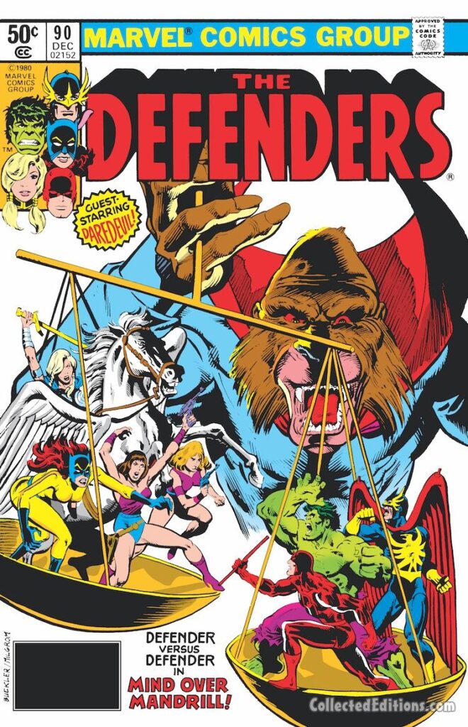Defenders #90 cover; pencils, Rich Buckler; inks, Al Milgrom; Daredevil, Mind Over Mandrill, Valkyrie, Hellcat, Nighthawk, Hulk, Fem-Force, Athene