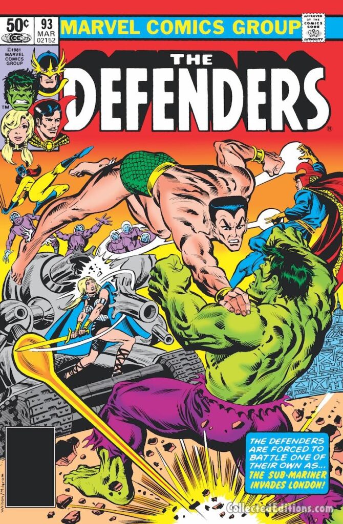 Defenders #93 cover; pencils, Ron Wilson; inks, Al Milgrom; Sub-Mariner Invades London, Namor, Valkyrie, Hellcat, Doctor Strange, Hulk