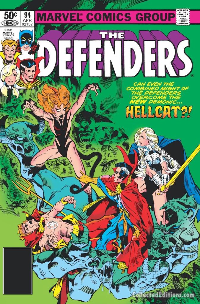 Defenders #94 cover; pencils and inks, Michael Golden; New Demonic Hellcat, Doctor Strange, Son of Satan, Valkyrie, Patsy Walker