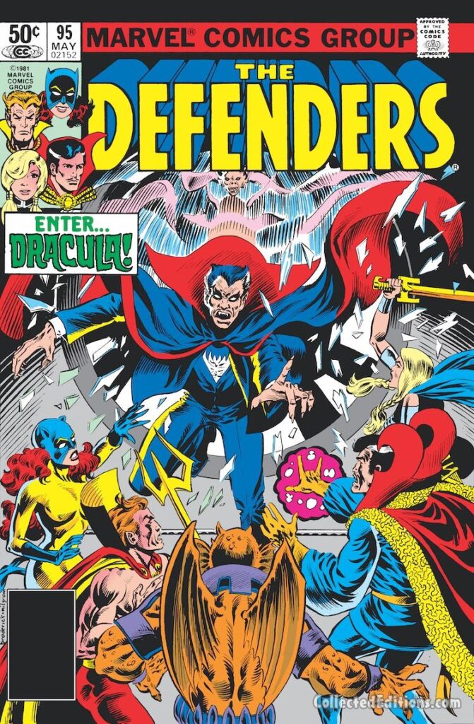 Defenders #95 cover; pencils, Pat Broderick; inks, Al Milgrom; Enter Dracula, Tomb of Count Dracula, Doctor Strange, Gargoyle, Son of Satan, Hellcat