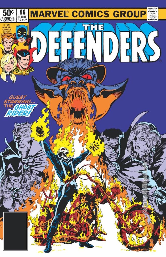 Defenders #96 cover; pencils and inks, Michael Golden; Guest-Starring Ghost Rider, Johnny Blaze, Doctor Strange, Hellcat, Son of Satan, Valkyrie