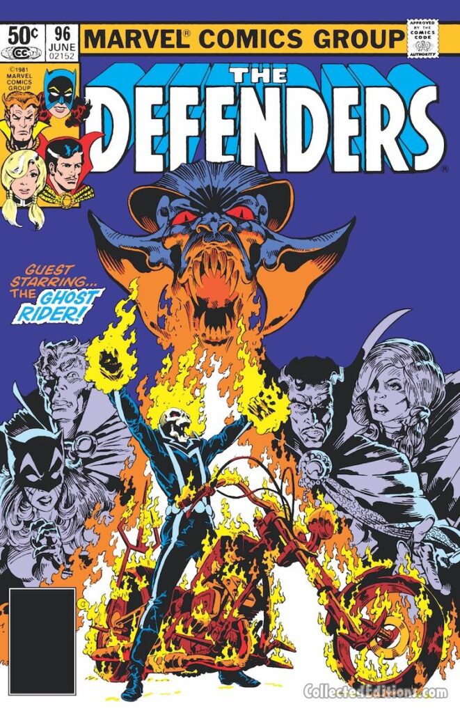 Defenders #96 cover; pencils and inks, Michael Golden; Guest-Starring Ghost Rider, Johnny Blaze, Doctor Strange, Hellcat, Son of Satan, Valkyrie