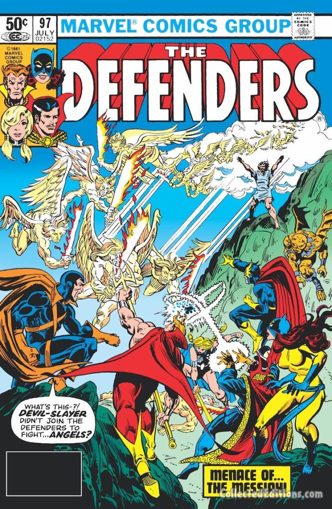 Defenders #97 cover; pencils, uncredited; inks, Al Milgrom; Menace of the Messiah, Devil-Slayer Fights the Angels, Hellcat, Nighthawk