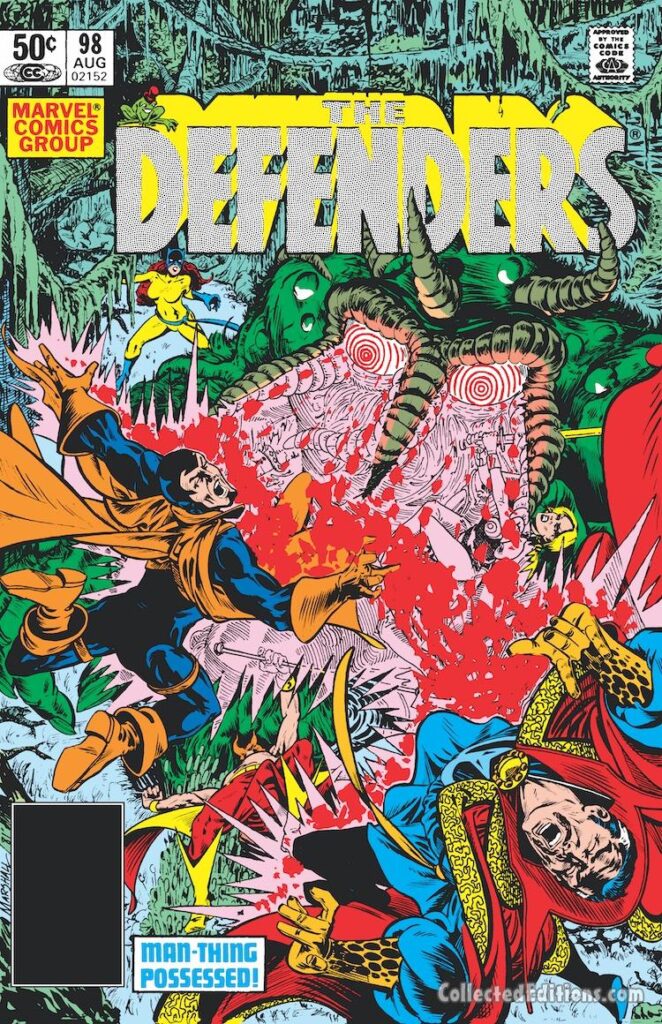 Defenders #98 cover; pencils and inks, Marshall Rogers; Man-Thing Possessed, Hellcat, Gabriel Devil-Slayer, Doctor Strange