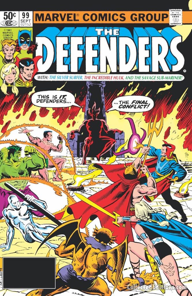 Defenders #99 cover; pencils and inks, Al Milgrom; The Final Conflict, Son of Satan, Devil, Gargoyle, Silver Surfer, Hulk, Namor, Sub-Mariner, Doctor Strange, Valkyrie