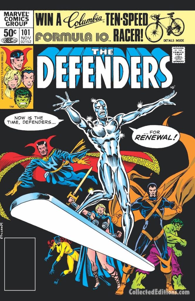 Defenders #101 cover; pencils and inks, Al Milgrom; Time for Renewal, Silver Surfer, Devil-Slayer, Hulk, Doctor Strange, Valkyrie, Hellcat, Patsy Walker