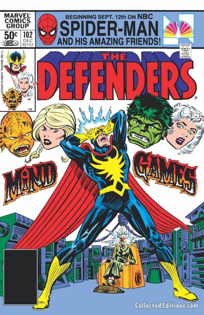 Defenders #102 cover; pencils and inks, Al Milgrom; Valkyrie, Gargoyle, Nighthawk, Mind Games, Hulk, Clea