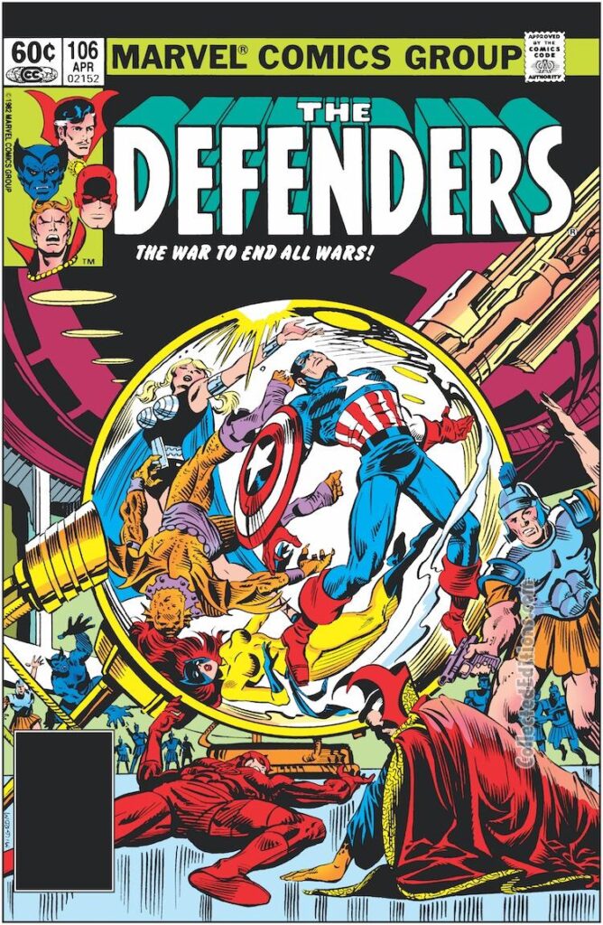 Defenders #106 cover; pencils and inks, Al Milgrom; Captain America crossover, The War to End All Wars, Doctor Strange, Valkyrie, Hellcat, Patsy Walker, Gargoyle, Isaac Christians, Beast