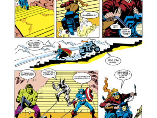 Defenders #145, pg. 12; pencils, Don Perlin; inks, Art Nichols; Doctor Strange, Johnny Blaze, Ghost Rider, Roxanne Simpson, Wolverine, Hulk holograms, Captain America