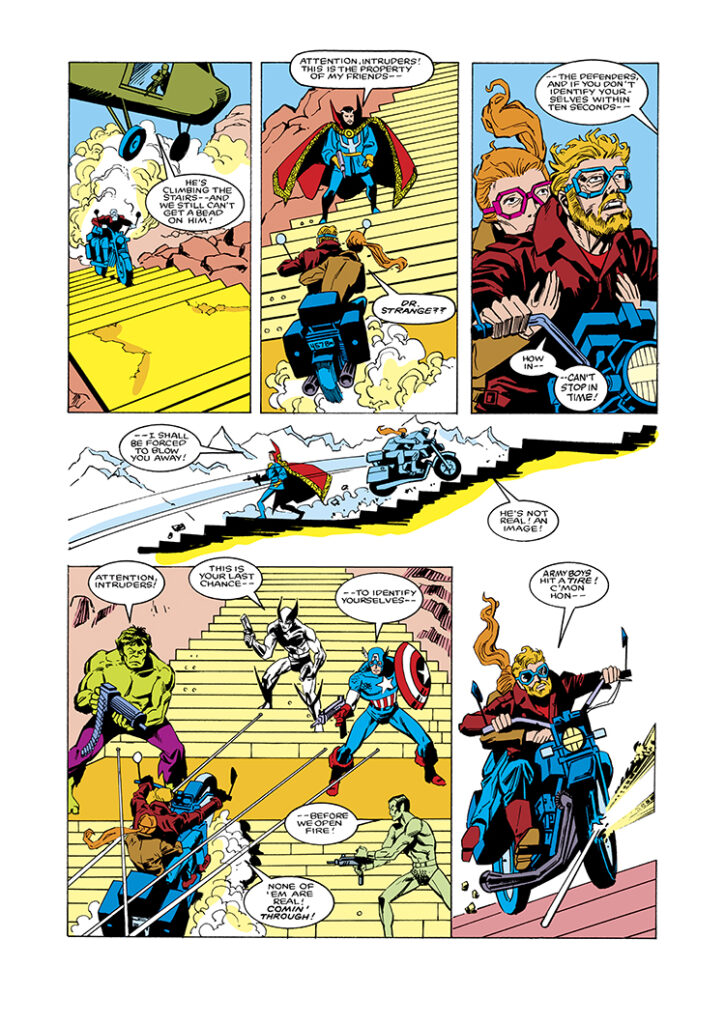 Defenders #145, pg. 12; pencils, Don Perlin; inks, Art Nichols; Doctor Strange, Johnny Blaze, Ghost Rider, Roxanne Simpson, Wolverine, Hulk holograms, Captain America