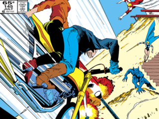 Defenders #145 cover; pencils, Mark Badger; inks, Terry Austin; Wolverine, Incredible Hulk, Johnny Blaze, motorcycle, Angel, Valkyrie, Isaac Christians, Gargoyle, Beast, New Defenders, Roxanne Simpson