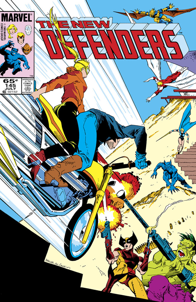 Defenders #145 cover; pencils, Mark Badger; inks, Terry Austin; Wolverine, Incredible Hulk, Johnny Blaze, motorcycle, Angel, Valkyrie, Isaac Christians, Gargoyle, Beast, New Defenders, Roxanne Simpson