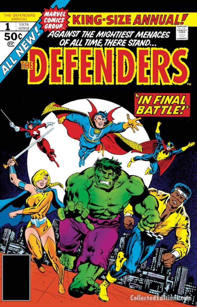 Defenders Annual #1 cover; pencils, Al Milgrom; inks, Klaus Janson; Red Guardian/Tania Belinsky, Doctor Strange, Nighthawk, Valkyrie, Hulk, Luke Cage, Power Man