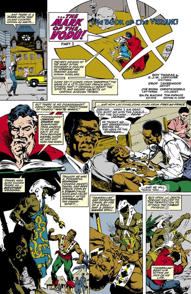Doctor Strange: Sorcerer Supreme #16. "The Book of the Vishanti Part 1: The Mark of the Vodu!", pg. 19; pencils and inks, Geof Isherwood; The Mark of the Vodu, the Book of the Vishanti, Brother Voodoo backup story
