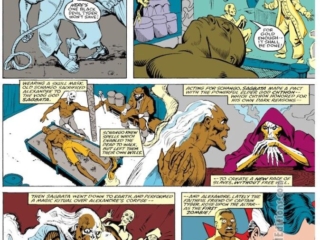 Doctor Strange: Sorcerer Supreme #17. "The Book of the Vishanti Part II: The Mark of the Vod&ucirc;!", pg. 4; pencils, Geof Isherwood; inks, Mickey Ritter; Alexandre, Boutefeu, Schango, the first Zombie, Chthon