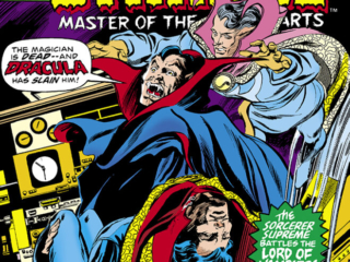 Doctor Strange (1974) #14 cover; pencils, Gene Colan; inks, Tom Palmer; the magician is dead, Dracula has slain him, sorcerer supreme battles lord of the vampires, Nuff Said