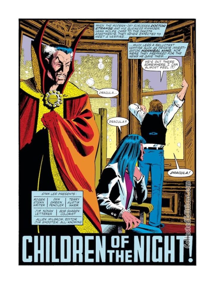 Doctor Strange #59, pg. 1; pencils, Dan Green; inks, Terry Austin; Roger Stern; Children of the Night, splash page, Sara Wolfe, Hannibal King