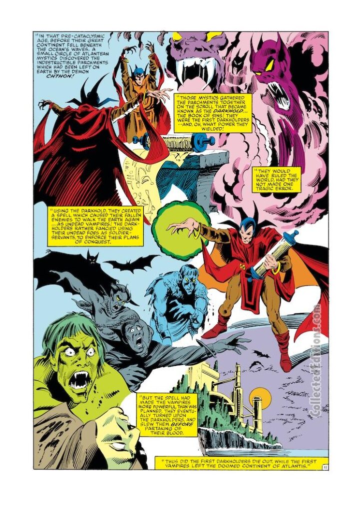 Doctor Strange #61, pg. 11; pencils, Dan Green; inks, Rick Magyar; Chthon, the Darkhold, vampires, Count Dracula