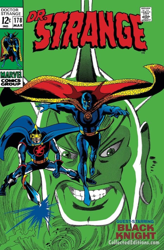 Doctor Strange #178 cover; pencils, Gene Colan; inks, Tom Palmer; Black Knight, Dane Whitman, Avengers, new black costume with mask