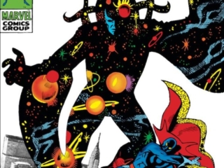 Doctor Strange #180 cover; pencils, Gene Colan, Steve Ditko; inks, Ditko, Tom Palmer; black costume, new costume, Eternity, psychedelic , New York City, Marvel, photo reference