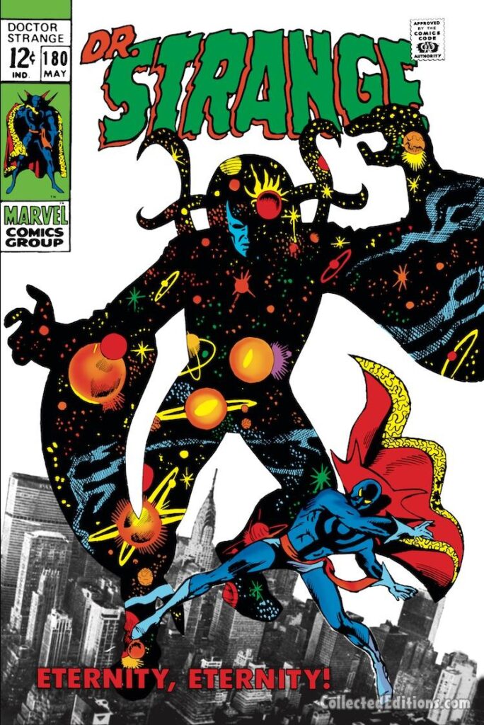 Doctor Strange #180 cover; pencils, Gene Colan, Steve Ditko; inks, Ditko, Tom Palmer; black costume, new costume, Eternity, psychedelic , New York City, Marvel, photo reference