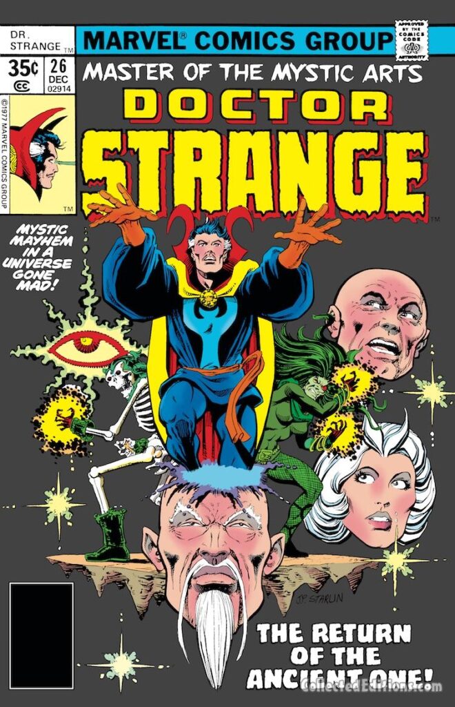 Doctor Strange #26 cover; pencils, Gene Colan; inks, Jim Starlin, The Return of the Ancient One, Clea