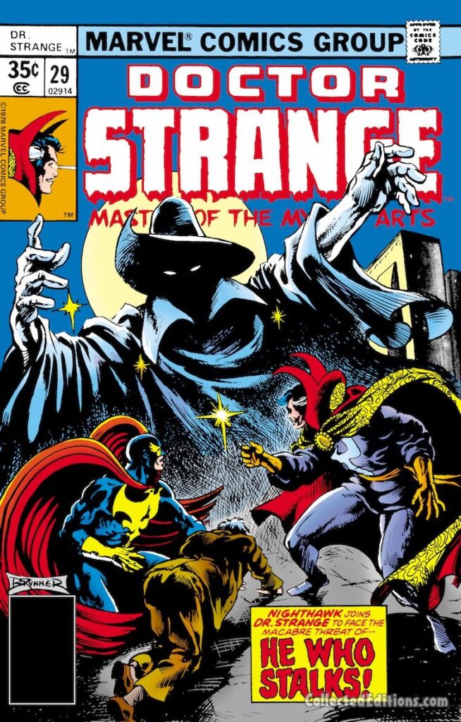 Doctor Strange #29 cover; pencils and inks, Frank Brunner; He Who Stalks, Nighthawk, Kyle Richmond; Death-Stalker