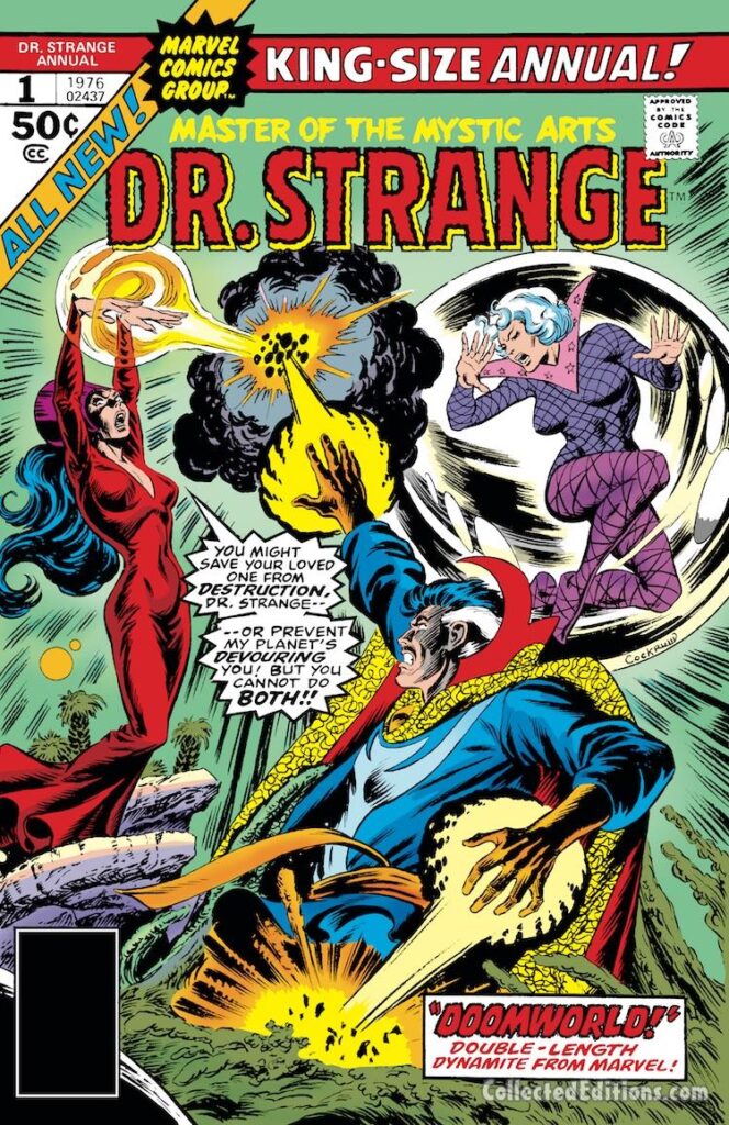 Dr. Strange Annual #1 cover; pencils and inks, Dave Cockrum; Doctor Stephen Strange, Clea, Doomworld,