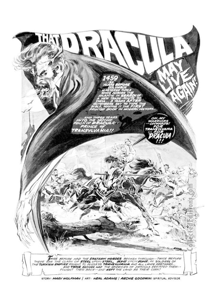 Dracula Lives #2. “That Dracula May Live Again!”, pg. 1; pencils and inks, Neal Adams; Transylvania, splash page, Marv Wolfman, Archie Goodwin, Count Dracula