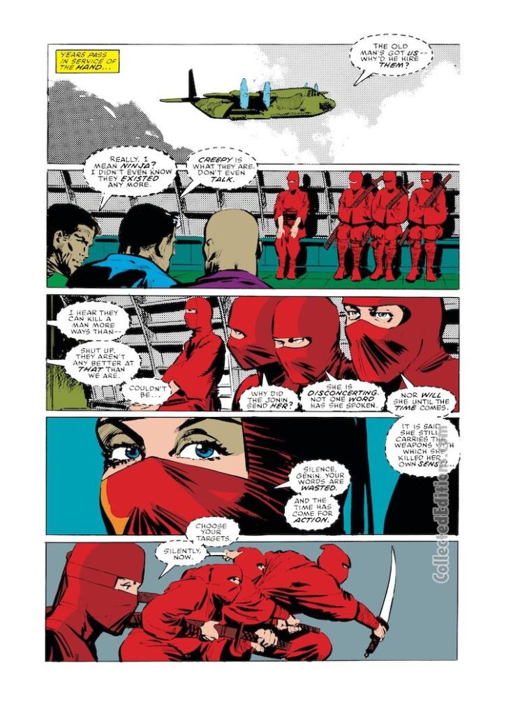Elektra Saga #1, pg. 21; pencils and inks, Frank Miller; new story content, The Hand, ninjas