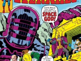 Eternals #7 cover; pencils, Jack Kirby; Arishem, Ajak, Celestials