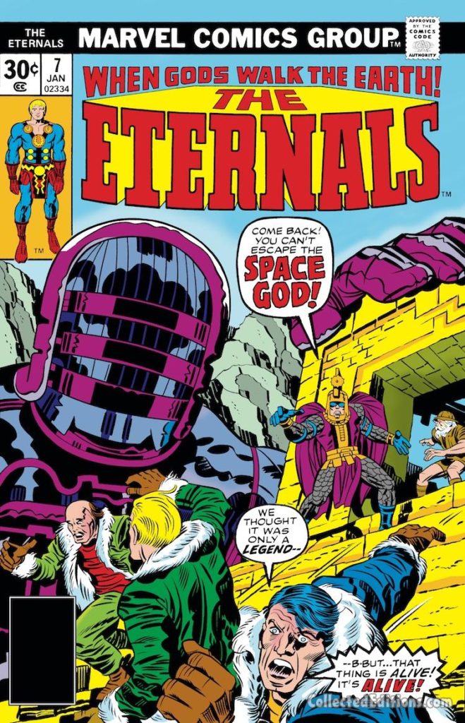 Eternals #7 cover; pencils, Jack Kirby; Arishem, Ajak, Celestials