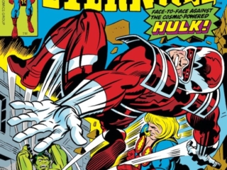 Eternals #14 cover; pencils, Jack Kirby; inks, Mike Royer, The Hulk vs. Ikaris